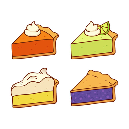 Set of traditional American pies: Pumpkin, Key Lime, Lemon Meringue and Blueberry pie. Cute cartoon vector drawings.のイラスト素材