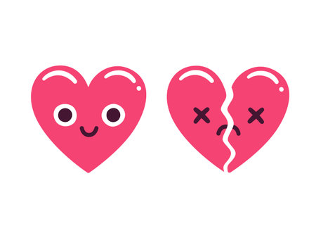 Cute cartoon emoticon hearts, happy and smiling and sad and broken. Modern flat style vector heart illustration.のイラスト素材