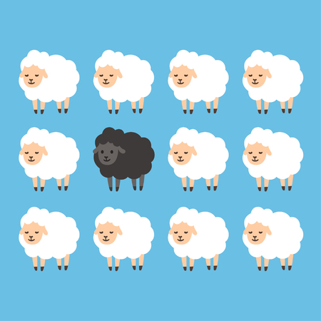 Black sheep between white sheep vector illustration. Stand out from the crowd concept.のイラスト素材