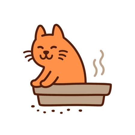 Funny cat pooping in litter box drawing. Cute cartoon vector illustration.のイラスト素材