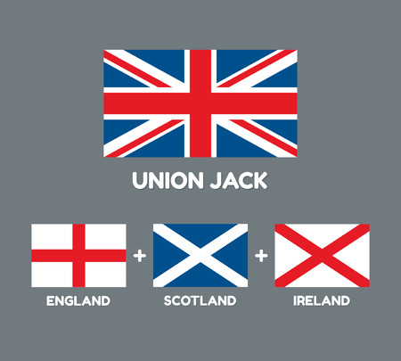 United Kingdom flag (Union Jack) with three flags that comprise it: England, Scotland and Ireland. British flags vector illustration.のイラスト素材