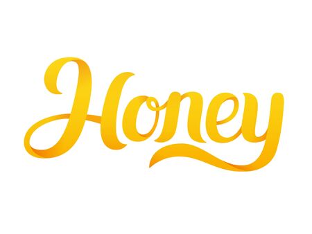Honey text label lettering. Hand drawn calligraphy vector illustration. Yellow litters isolated on white background.のイラスト素材