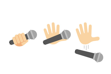 Mic drop illustration set. Cartoon hand holding and dropping microphone action.のイラスト素材