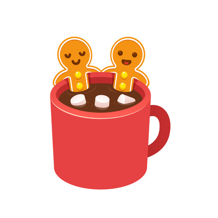 Two gingerbread man cookies in hot chocolate cup with marshmallows. Funny Christmas greeting card. Cute cartoon vector illustration.のイラスト素材