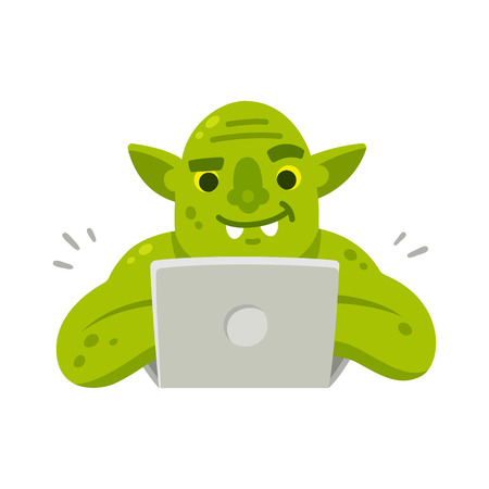 Internet troll with computer. Funny cartoon vector illustration of green goblin typing on laptop.のイラスト素材