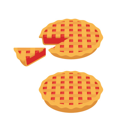 Traditional cherry or strawberry pie with lattice, whole and slice. Vector illustration.のイラスト素材