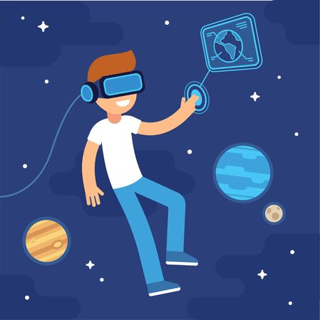 Boy with VR headset in space. Virtual reality in education and games. Flat cartoon vector illustration.のイラスト素材