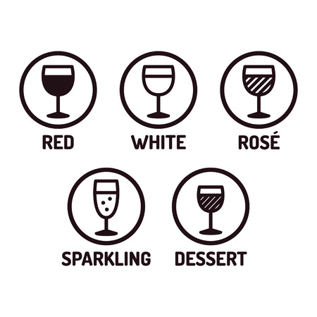 Wine types icon set. Red, white and rose wine glasses, dessert and sparkling. Line icons in circles.のイラスト素材