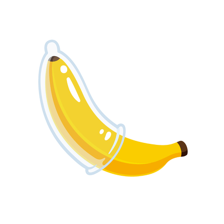 Cartoon banana with condom illustration. Safe sex, STD prevention and AIDS awareness concept.のイラスト素材