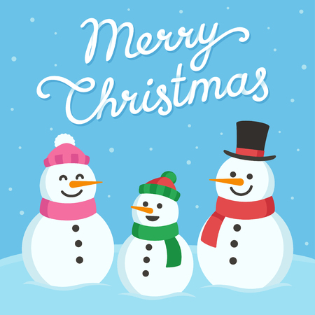 Cute Christmas greeting card. Cartoon snowman family (mom, dad and child) with text Merry Christmas.のイラスト素材