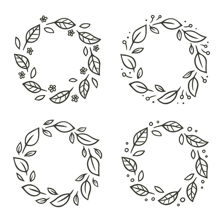 Set of circular leaf wreaths with flowers. Hand drawn vector floral ornament.のイラスト素材