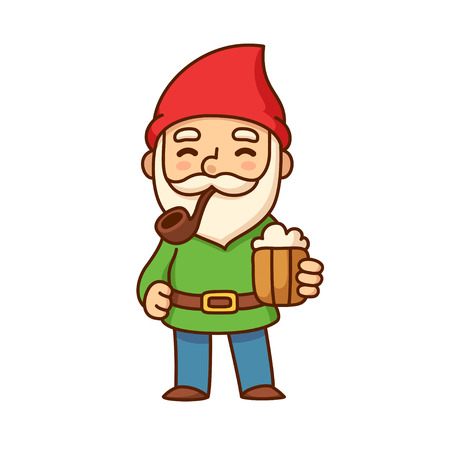 Cute old garden gnome with smoking pipe and beer cup. Funny cartoon illustration.のイラスト素材