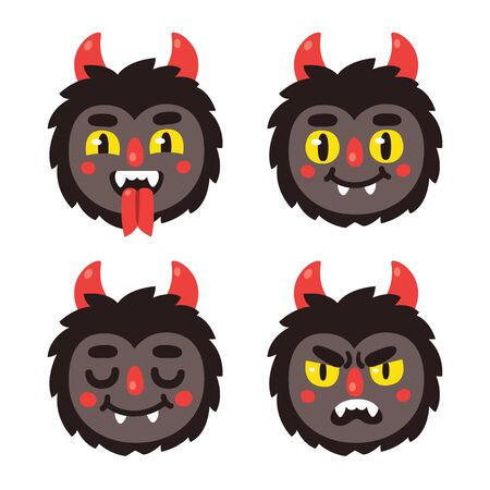 Cute cartoon demon making faces. Little black devil vector illustration, set of different expressions.のイラスト素材