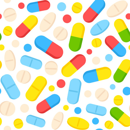 Vector seamless pattern with colorful pills and tablets. Scattered bright drug capsules. Medical background illustration.のイラスト素材