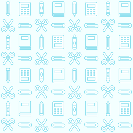 School supplies seamless pattern. Books, stationery and education symbols in simple minimal style. Flat vector illustration.のイラスト素材