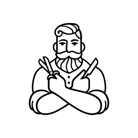 Retro style Barber man with comb and shaving blade. Stylized logo illustration. Hipster barber with beard.のイラスト素材