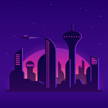 Future city night landscape illustration. Cityscape with neon lights and abstract buildings. Cartoon vector background.のイラスト素材