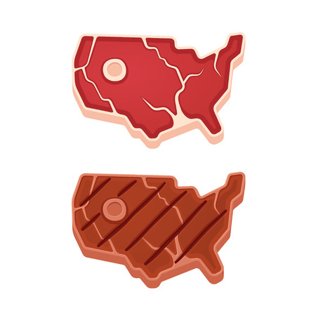 Beef steak in shape of USA map, raw and grilled. American meat illustration.のイラスト素材