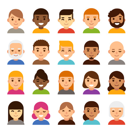 Set of diverse male and female avatars, simple flat cartoon style. Cute and minimalistic people faces, vector illustration.のイラスト素材