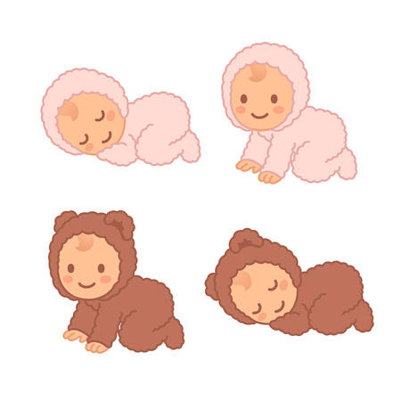 Cute cartoon baby in fuzzy bear   sleeping and crawling. Adorable vector newborn illustration set.のイラスト素材