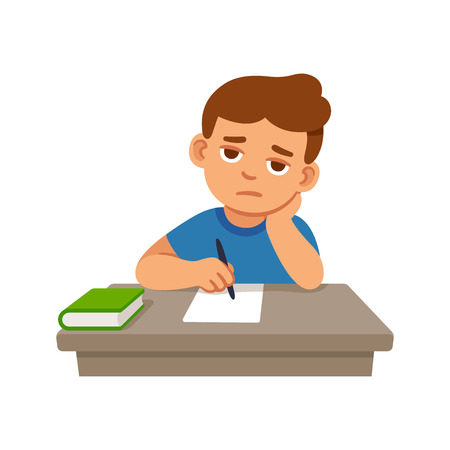 Bored kid doing homework or sitting on boring school lesson. Cute cartoon vector illustration.