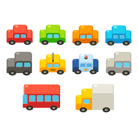 Set of cute bright isometric cartoon cars. Isolated flat vector vehicles illustration.のイラスト素材