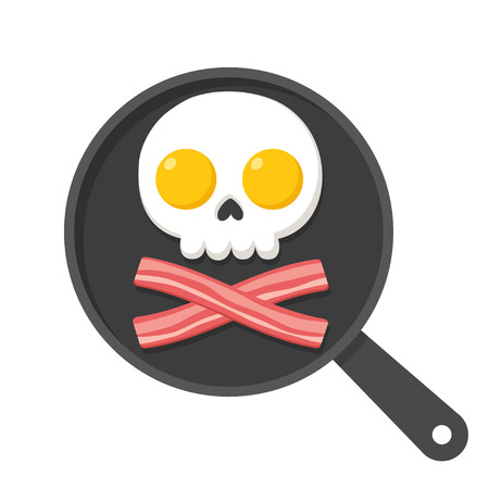 Fried eggs and bacon on skillet in shape of skull and bones, pirate breakfast illustration.のイラスト素材