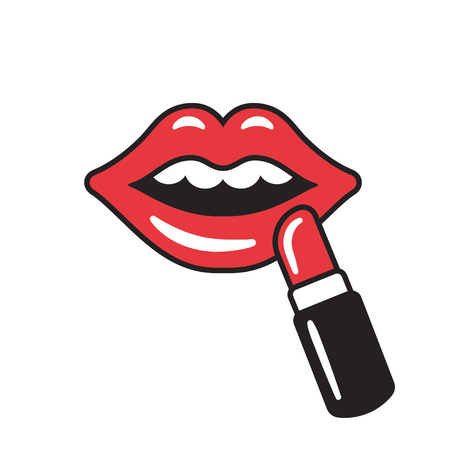 Bright red lips with red lipstick vector illustration. Cartoon pop art style drawing. Beauty and make up symbol.のイラスト素材