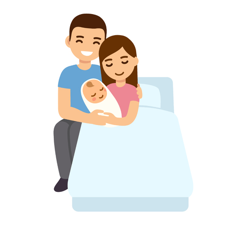 New mom in hospital bed hugging newborn baby with father.のイラスト素材