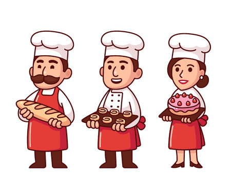 Cartoon baker characters set in uniform with bread, buns and cake. Cute male and female chefs.のイラスト素材