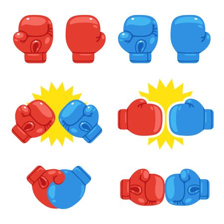Cartoon red and blue boxing gloves set. Match opponents icons. Isolated vector illustration.のイラスト素材