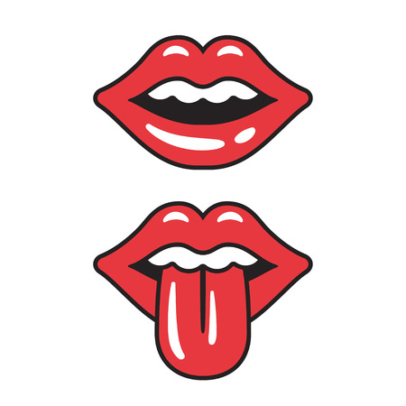 Cartoon red open lips with tongue sticking out, vector icon. Isolated illustration of sensual female mouth.のイラスト素材