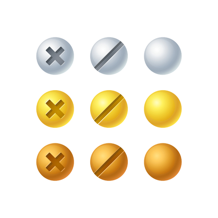 Isolated screw set in 3 colors - silver, gold and bronze. Vector design elements, shiny metallic buttons.のイラスト素材