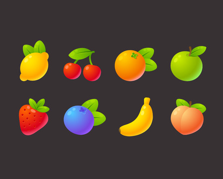 Bright cartoon fruit icon set: apple, strawberry, orange, peach, banana, cherry, lemon, blueberry. Game or app design elements vector illustration.のイラスト素材