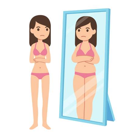 Thin girl looking fat in mirror. Eating disorder illustration, body perception and dysmorphia concept.