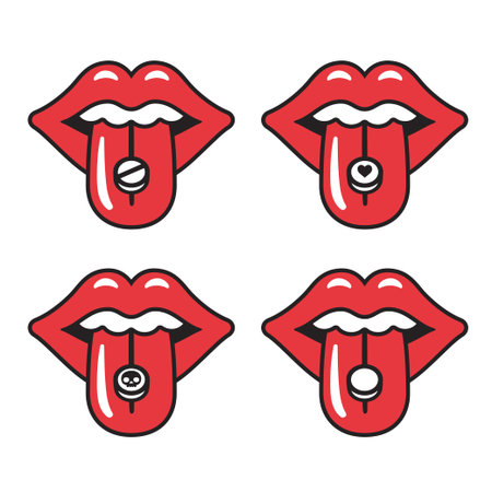 Cartoon red lips with different pills on tongue. Young woman taking drugs. Extasy, MDMA recreational drug vector illustration.のイラスト素材