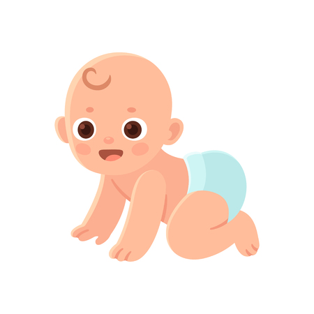 Cute cartoon baby in diaper crawling and smiling. Adorable vector newborn illustration.のイラスト素材