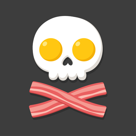 Pirate flag made of fried eggs and bacon as skull and crossbones. Cartoon breakfast food vector illustration.のイラスト素材
