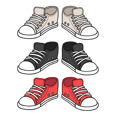 Sneakers drawing set. Black, red and white traditional sport shoes. Sketch doodle style vector illustration.のイラスト素材