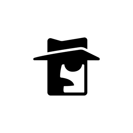 Private detective logo. Stylized face silhouette with mustache, hat and dark glasses. Minimal vector icon symbol.のイラスト素材