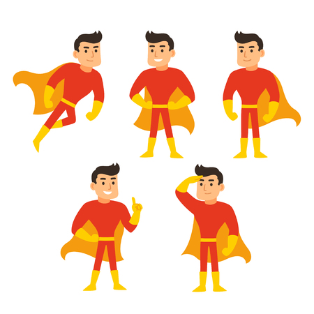 Cartoon superhero set, man in red costume with cape in different poses. Cute super hero character vector illustration.のイラスト素材
