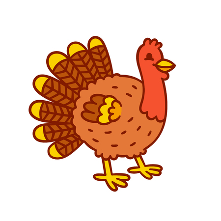 Cute cartoon turkey drawing. Funny fat Thanksgiving bird, hand drawn vector illustration.のイラスト素材