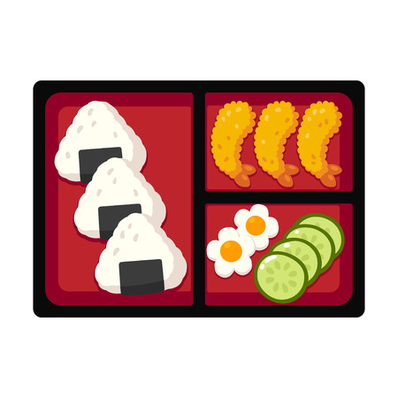 Traditional Japanese bento box lunch with rice onigiri and tempura shrimp, cucumber and egg. Vector illustration.のイラスト素材