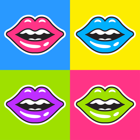 Sexy shiny lips pop art set in neon color. Bright background pattern, vector illustration.のイラスト素材