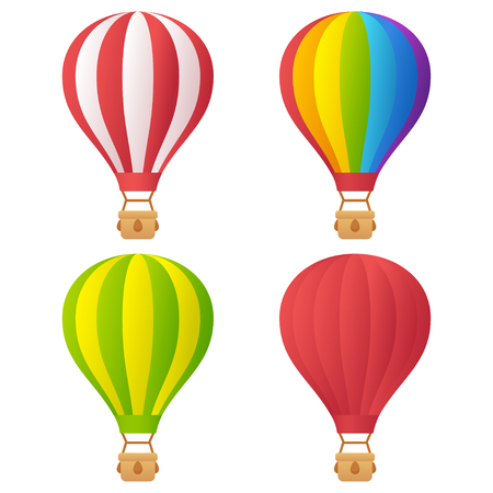Hot air balloons set, different colors and patterns, isolated on white background. Bright cartoon vector illustration.のイラスト素材