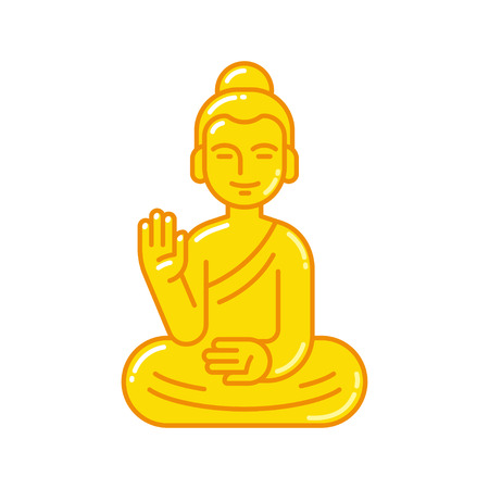 Golden Buddha statue with raised hand. Simple flat vector style icon. Buddhism religion symbol.のイラスト素材