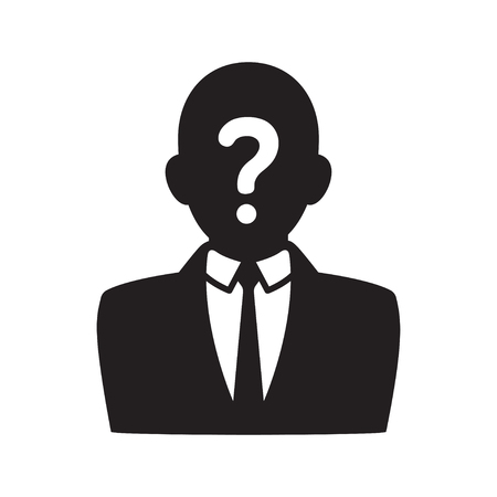 Anonymous user icon, black silhouette of man in business suit with question mark on face. Profile picture vector illustration.のイラスト素材