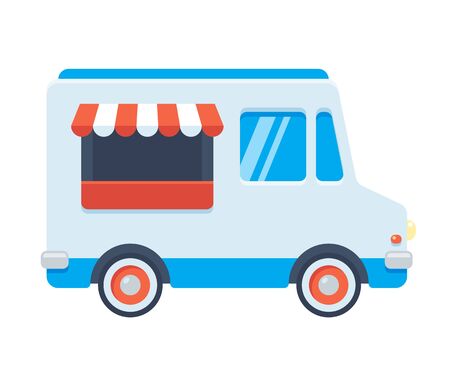 Cute retro food truck illustration in flat cartoon vector style. Blue fast food van or ice cream truck.のイラスト素材