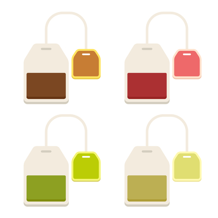 Different teabags icon set isolated on white. Black, red, green and herbal tea. Simple flat vector illustrations.のイラスト素材