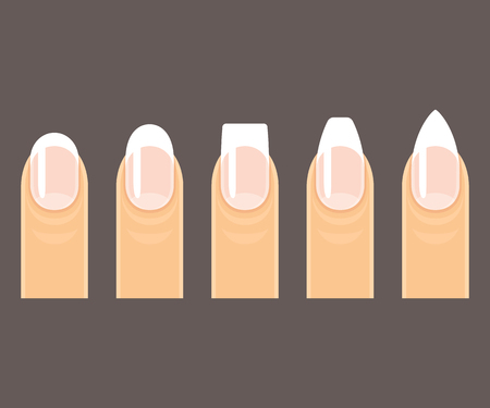 Professional manicure nail shapes set. Round, square and pointy (stiletto) nails on dark background. Vector illustration.のイラスト素材